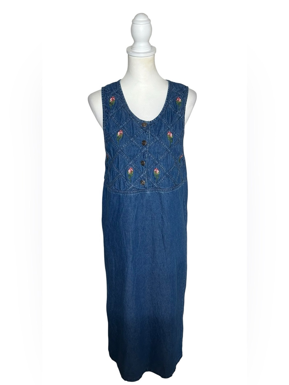 Vintage Premier Intl. Embroidered Denim Maxi Dress EUC Sz S Cottagecore 90s